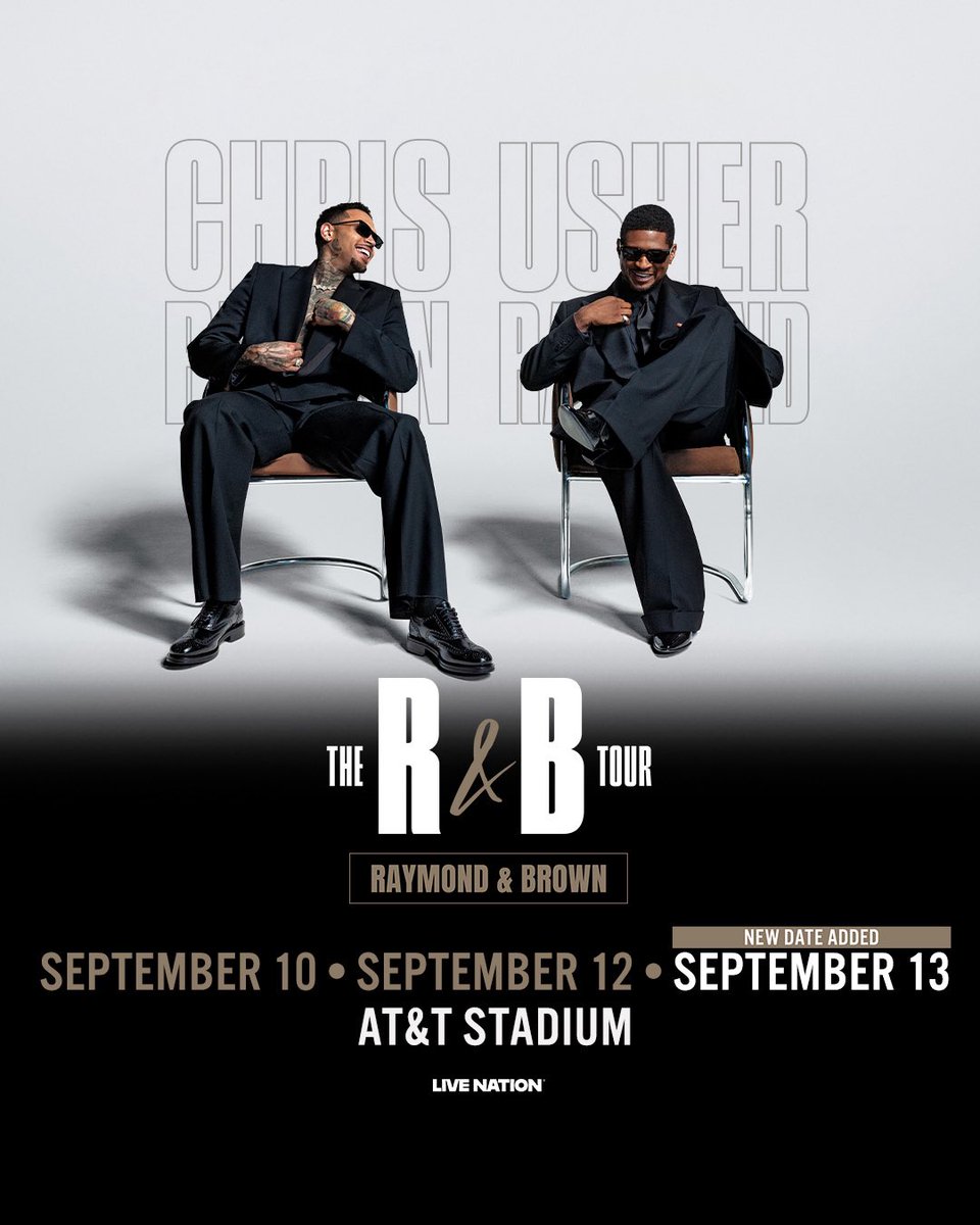 The demand keeps growing… and so do the nights. USHER &amp; Chris Brown are adding a THIRD show at AT&amp;T Stadium on September 13 for THE R&amp;B TOUR!  

Local presale happening now. General On Sale Begins Monday, April 27th at 12pm local time.