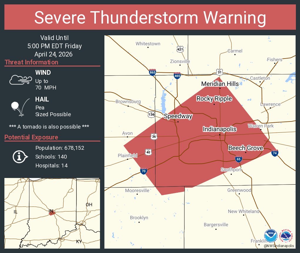 Severe Thunderstorm Warning continues for Indianapolis IN, Beech Grove IN and  Speedway IN until 5:00 PM EDT. This storm will contain wind gusts to 70 MPH!