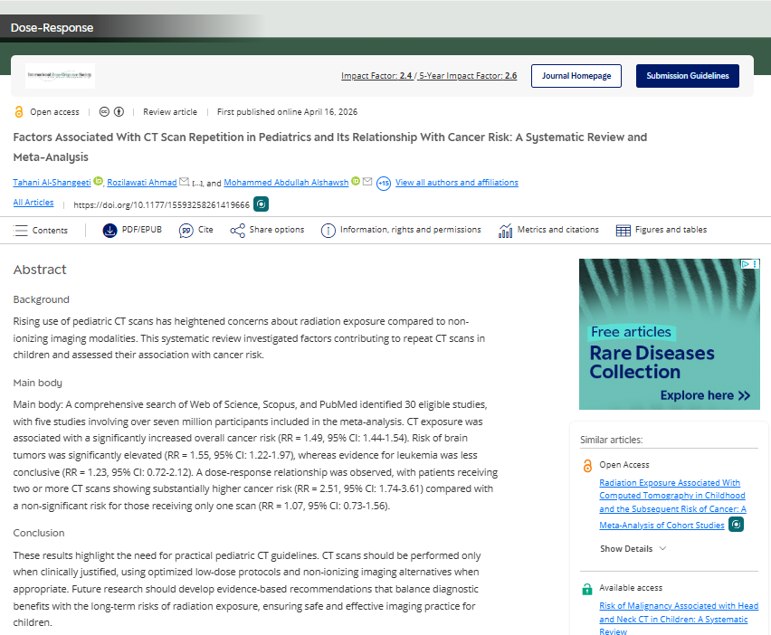 drjkyl's tweet image. Factors Associated With CT Scan Repetition in Pediatrics and Its Relationship With Cancer Risk: A Systematic Review and Meta-Analysis

Dose-Response
@SageJournals 

journals.sagepub.com/doi/10.1177/15…

#medicalimaging #radiationexposure #openaccess