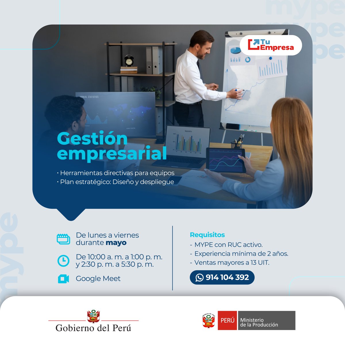tuempresagobpe's tweet image. #WEBINAR | 📢 ¡Capacítate con el @MINPRODUCCION, a través de #TuEmpresa! Fortalece tus capacidades de manera fácil, rápida y ¡GRATIS! ⭐️
🔗 Regístrate aquí: tinyurl.com/4ts7jmpc

#DeLaManoConLasMype