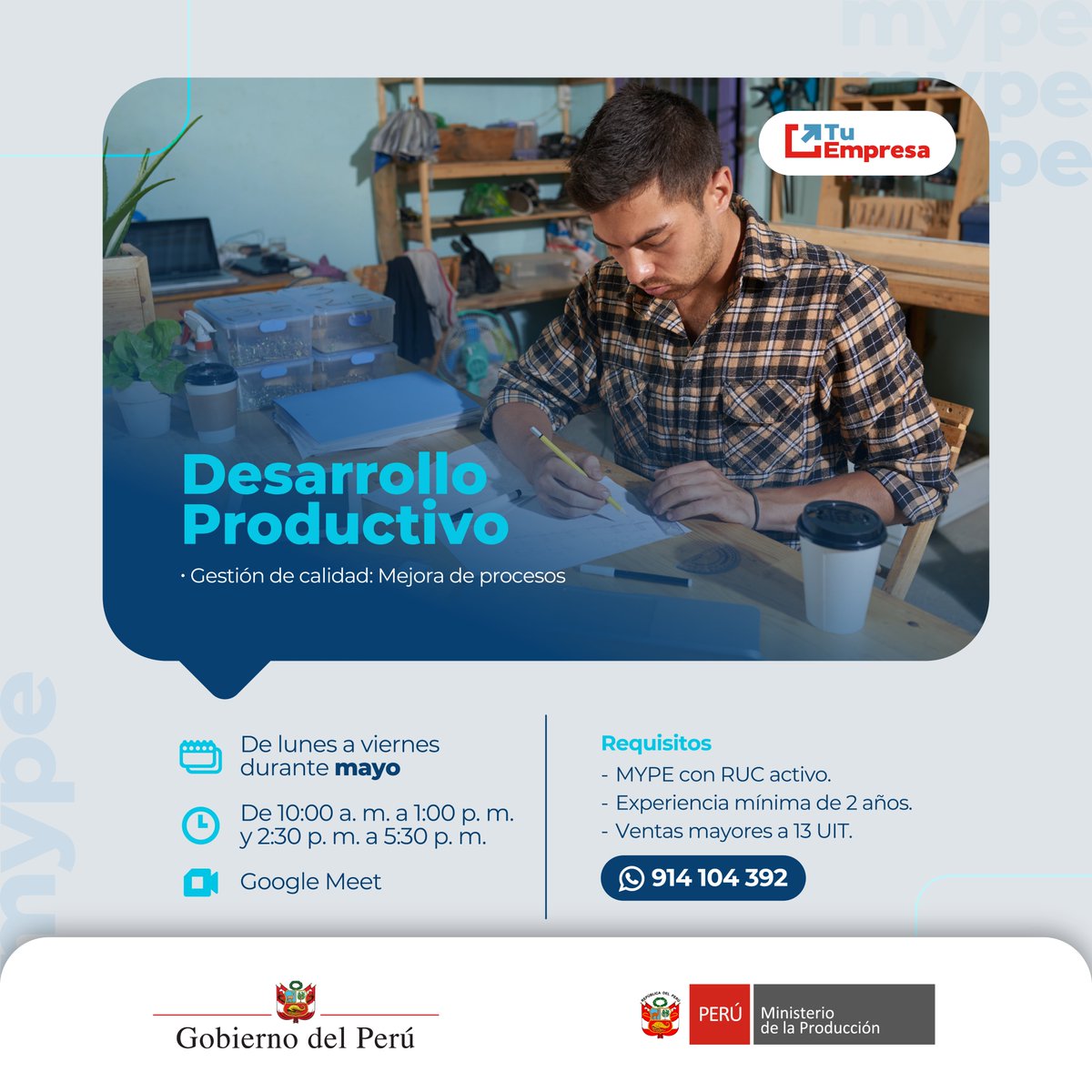 tuempresagobpe's tweet image. #WEBINAR | 📢 ¡Capacítate con el @MINPRODUCCION, a través de #TuEmpresa! Fortalece tus capacidades de manera fácil, rápida y ¡GRATIS! ⭐️
🔗 Regístrate aquí: tinyurl.com/4ts7jmpc

#DeLaManoConLasMype