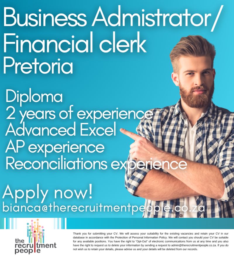 MxolisiSviko's tweet image. 💼 Business Administrator/Financial Clerk 📍 Pretoria Explore this vacancy by clicking the link below: lnkd.in/dvi3C4Q3 Ready to apply? Send your CV to: 📧 bianca@therecruitmentpeople.co.za
#SouthAfrica #opportunities #Jobs2026 #Plug #Recruitment
