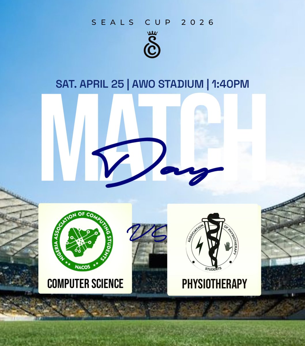 NACOS_UISPORTS's tweet photo. Matchday is here. 💙

The stage is set for another big one as Computing goes head-to-head with Physiotherapy in the SEALS Cup 2026.
After all the build-up, it’s time to let the football do the talking.

📍 Awo Stadium
🗓 Saturday, April 25
⏰ 1:40 PM https://t.co/fAorpBMHtN