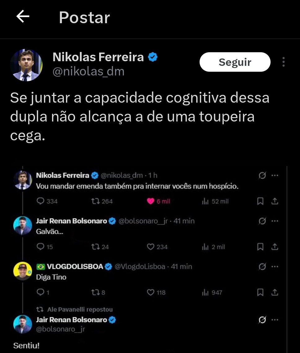 Nikolas Ferreira acaba de dizer que quer internar Renan Bolsonaro num hospício e que se juntar a capacidad cognitiva dele com o de um Influenciador bolsoninion não dá o QI de uma TOUPEIRA CEGA!!

BRIGUEM MAIS!!

Isso tudo porque descobriram que ele não apoia o Flávio Bolsonaro!