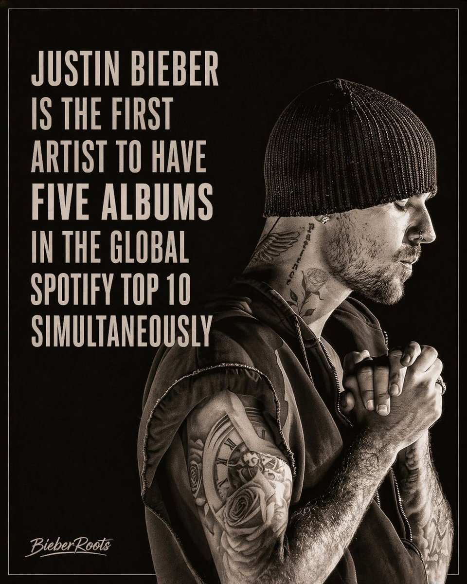 History made 👑

Justin Bieber becomes the first artist ever to have five albums in the Global Spotify Top 10 simultaneously! 
Bieber is not just part of the culture… he is the culture ✨