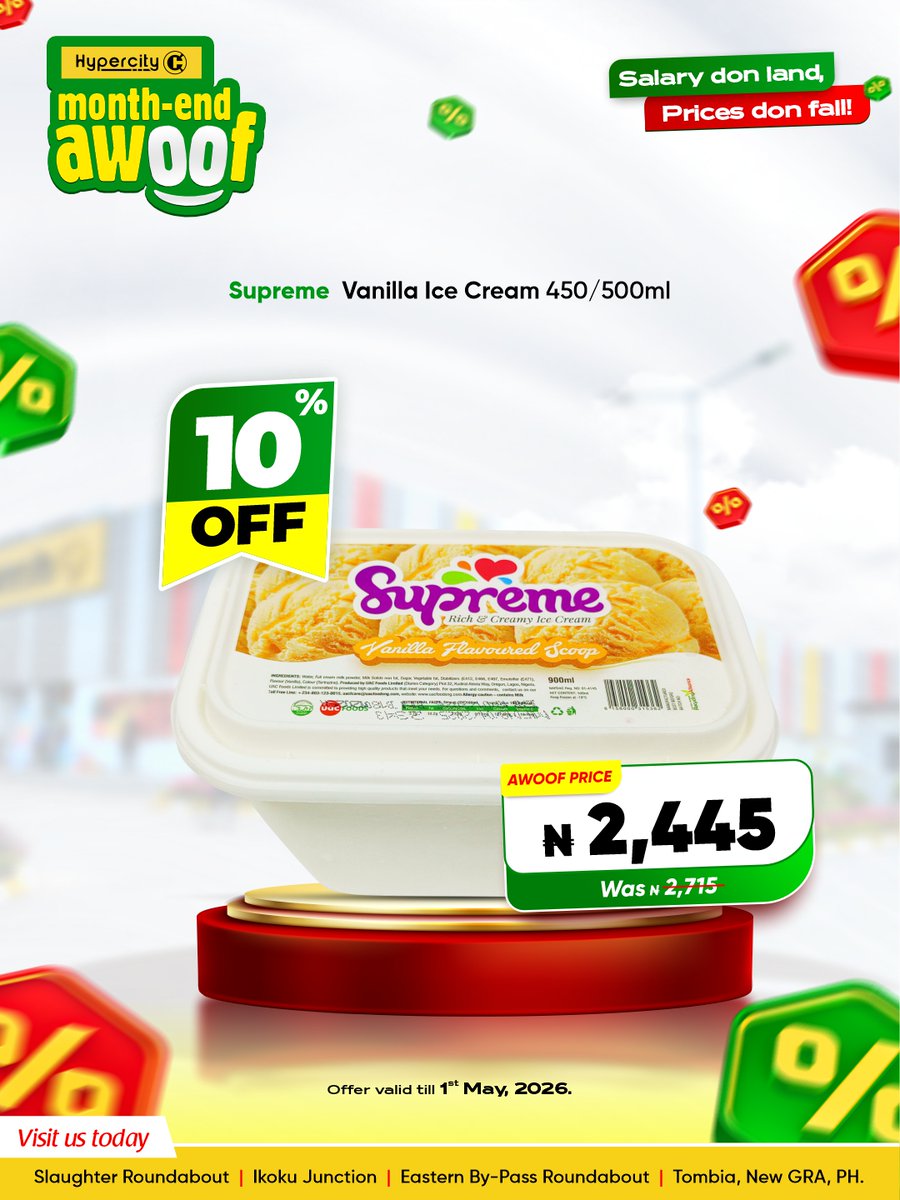 Month-End Awoof at HyperCity 🐟🥔

Mullet — ₦4,050/kg
Onions — ₦1,530/kg (20% off)
Potatoes — ₦2,180/kg (20% off)
Sara Franks — ₦2,090
Supreme Ice Cream — ₦2,445

Ends May 1. 🔥
#MonthEndAwoof #PortHarcourt