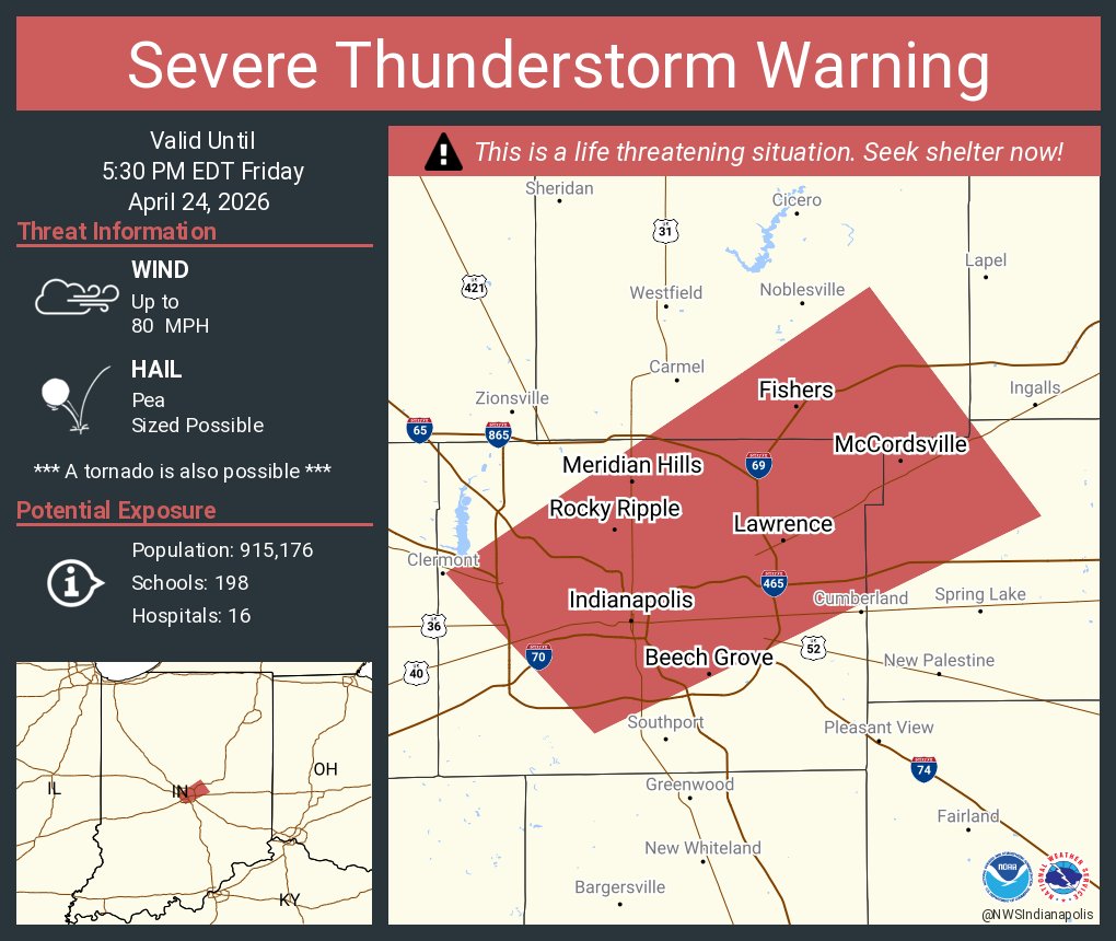 Severe Thunderstorm Warning including Indianapolis IN, Fishers IN and  Lawrence IN until 5:30 PM EDT. This destructive storm will contain wind gusts to 80 MPH!