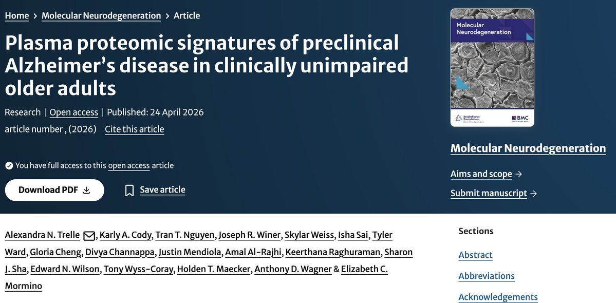 MolNeuro's tweet image. Plasma #proteomic signatures of preclinical #AlzheimersDisease in clinically unimpaired older adults

Alexandra N. Trelle, Karly A. Cody, Tran T. Nguyen...Elizabeth C. Mormino @MorminoLab @StanfordMed @StanfordBrain #biomarkers

link.springer.com/article/10.118…