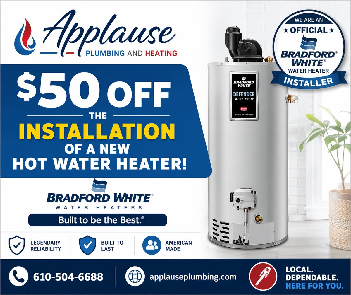 ApplausePlumb1's tweet image. 💧 $50 OFF new hot water heater installation!

Applause Plumbing &amp;amp; Heating is an Official Bradford White Installer 🔧
Reliable, professional, local.
📞 610-504-6688
🌐 applauseplumbing.com

#Plumbing #WaterHeater #LehighValley #HomeMaintenance