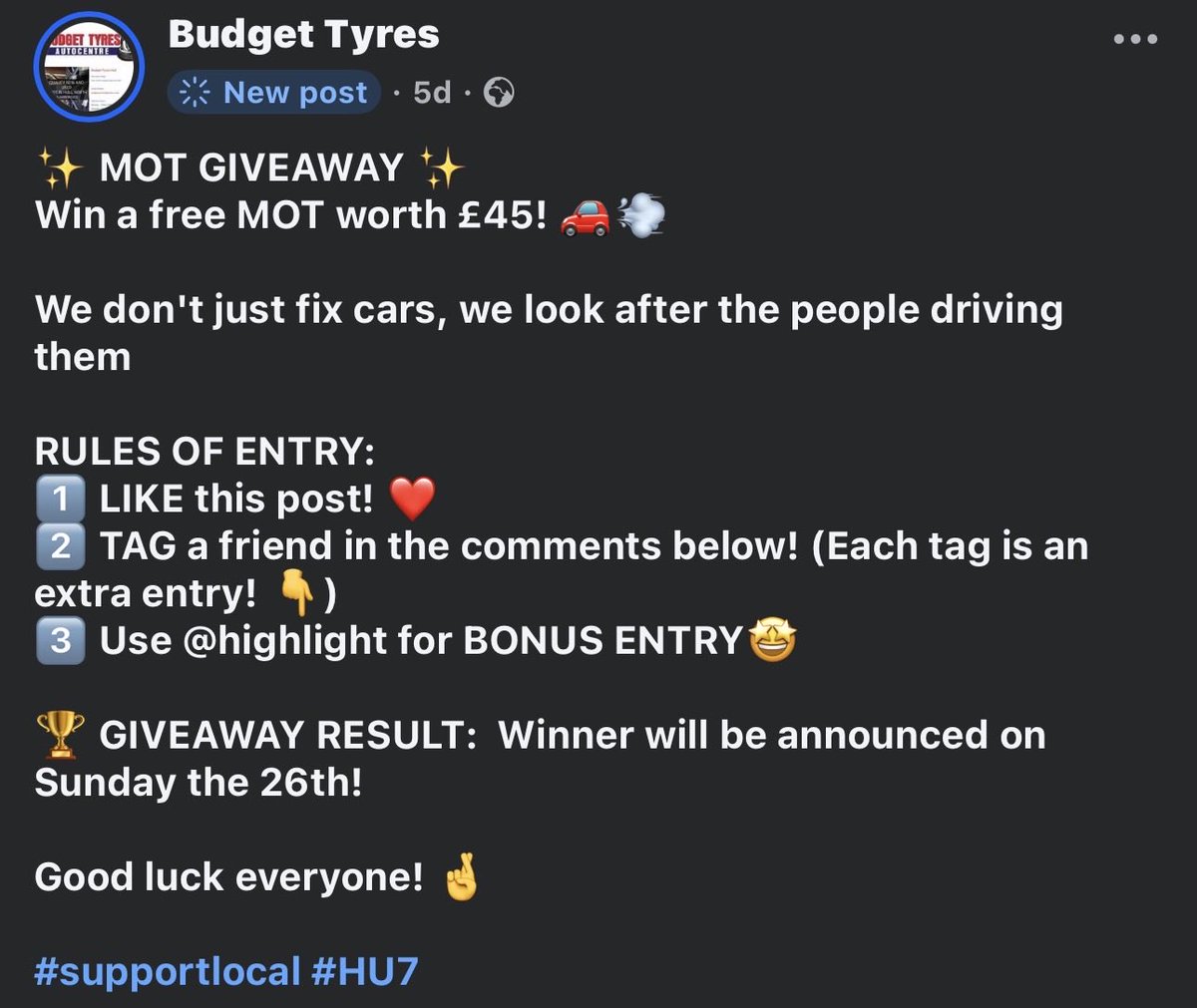 budgettyreshull's tweet photo. LAST CALL! 🚨
We are officially down to the final entries for our giveaway! We are so incredibly grateful for the interest in the post  and every single one of you who entered.
The winner will be announced this Sunday. Head over give us a like make sure you’re entered 👍 #hu7 https://t.co/xn6mskMFbV