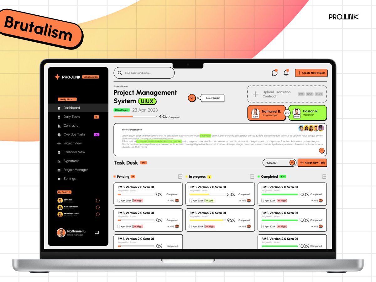 samikhanuix's tweet photo. Designed a brutalist project management UI for PROJUNK — because clean and minimal isn't the only way to do great UX. Sometimes bold, raw, and loud is exactly right. 🟠🖤 https://t.co/60hhPiZ8AM