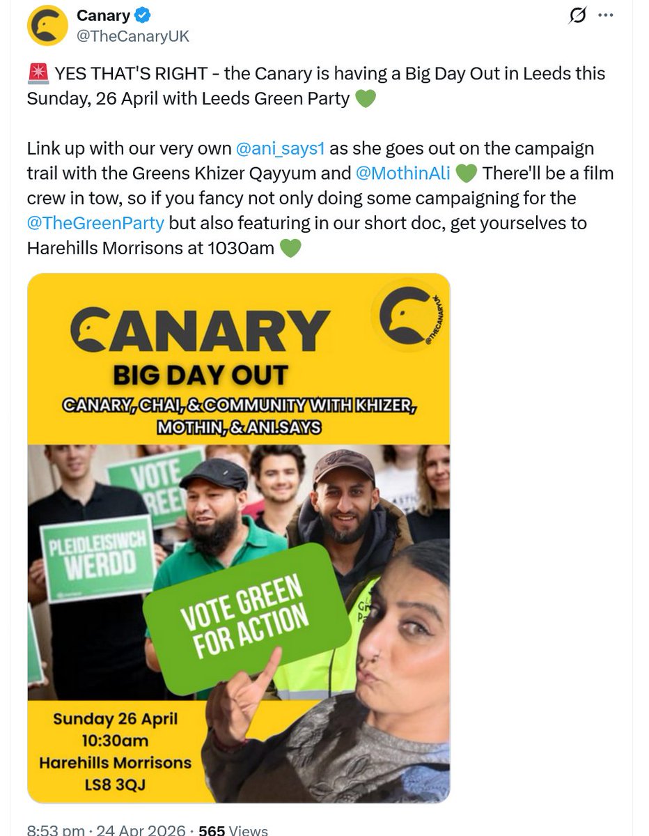 An angle that tells you just what the Green Party has become. "The Canary" is one of the most disgusting antisemitic hatred platforms of all. It employs the extremists Ibrahim Abul-Essad, Jody McIntyre, Tom Mummery, Shabnam Shabir, Berta Vilanova, and Anika Zahir.

The Greens