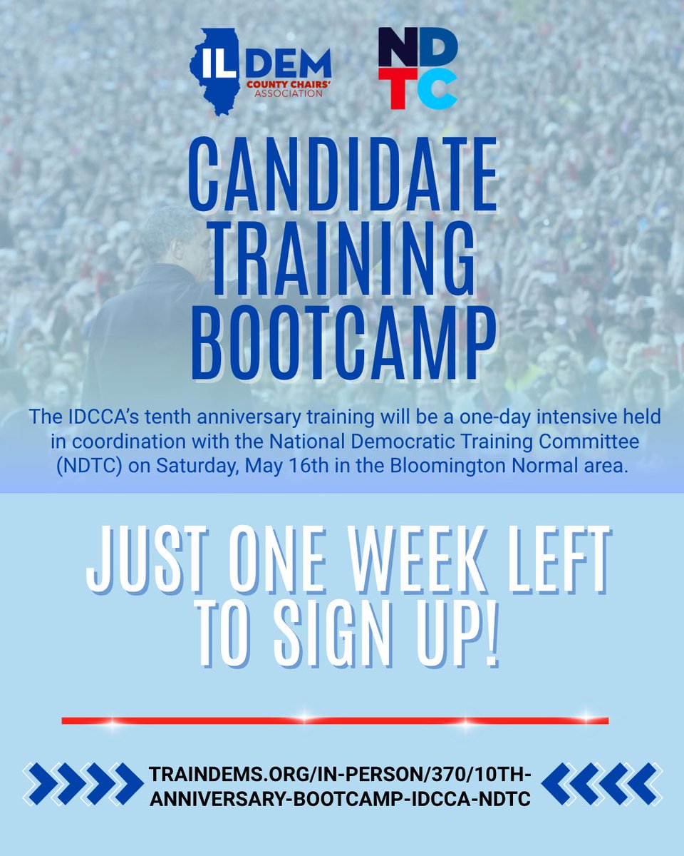 ILDCCA's tweet image. Just one week left to sign up! Go to traindems.org/in-person/370/… before spots are gone! 

#traindems #ndtc #bootcamp #candidatebootcamp #runforoffice
