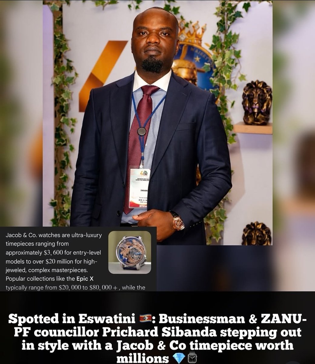 ZanuPFMabvuku's tweet image. Spotted in Eswatini 🇸🇿: Businessman &amp;amp; ZANU-PF councillor Prichard Sibanda (for ward 21 of Mabvuku-Tafara) stepping out in style with a Jacob &amp;amp; Co timepiece worth millions 💎⌚
#vision2030