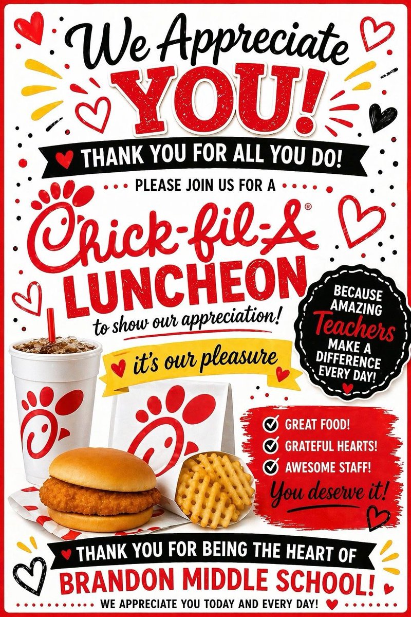 BMSDogs's tweet photo. ❤️ ⭐ Teacher Appreciation Week was AMAZING! ✨ ❤️ 
THANK YOU to our wonderful BMS PTO, 471 Nutrition, Chick-fil-A, and Domino's for donating &amp; loving on our teachers this week! BMS has the BEST teachers around and we are grateful for all the support! 🎉 https://t.co/YCIxDRmqH2