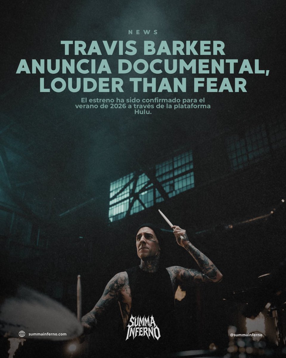 summainferno's tweet image. Travis Barker anunció Louder Than Fear, un documental sobre su proceso tras el accidente de 2008. Estreno previsto para verano de 2026 en Hulu.

#TravisBarker #Blink182 #Documentary