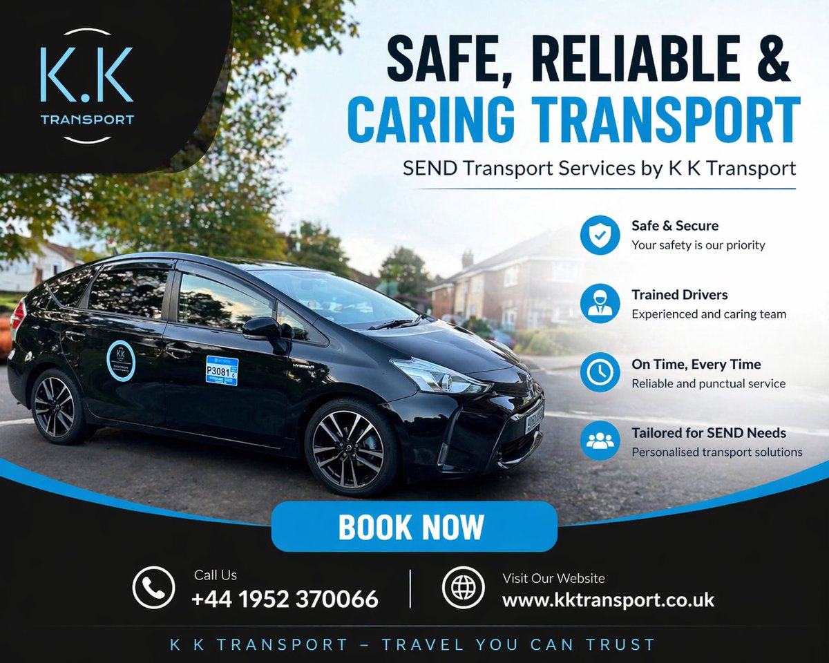 kktransport7's tweet image. Safe &amp;amp; reliable SEND Transport by K K Transport!
From school runs to airport transfers, we’ve got you covered.
 01952 370066
kktransport.co.uk

#SENDTransport #TaxiTelford #MinibusHire #AirportTransfer #KKTransport #TravelSafe