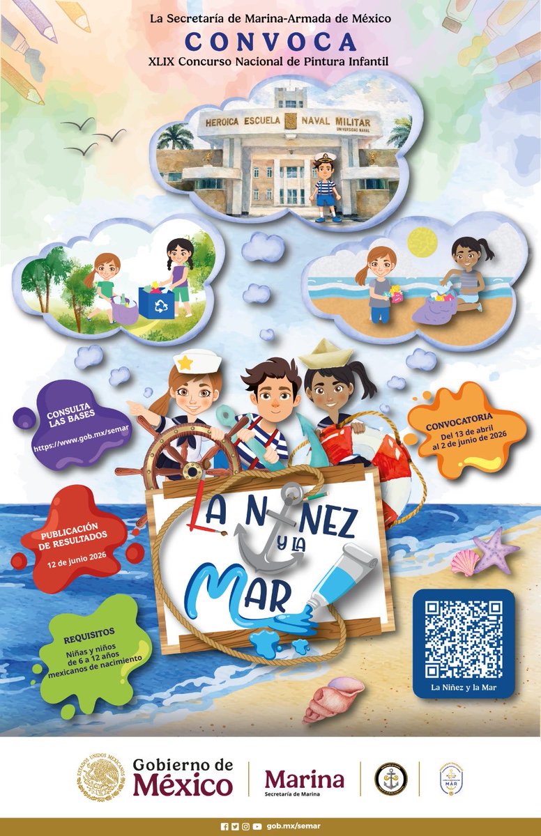 SEMAR_mx's tweet image. #SabíasQué en la Secretaría De Marina tenemos la misión de fomentar la conciencia ambiental de nuestros mares en la niñez mexicana. ⚓✨

Invitamos a todas las niñas y niños de 6 a 12 años  a participar en el concurso “La Niñez y la Mar”. 

Consulta las bases en nuestro sitio