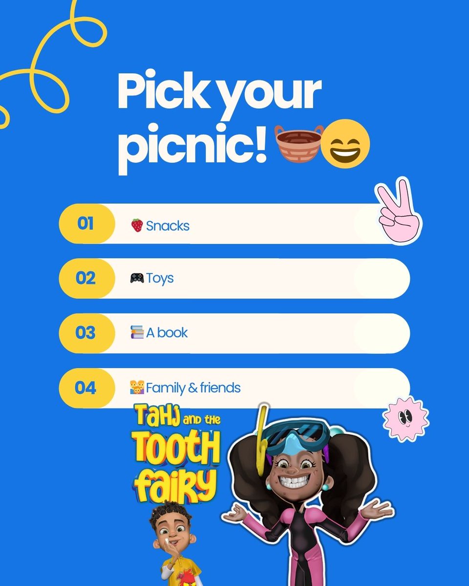 PolliPatience's tweet image. Polli says: It’s National Picnic Day 🧺🌞

If you were going on a picnic today… what are you bringing? 😄

🍓 Snacks
🎮 Toys
📚 A book
💛 Family &amp;amp; friends
Comment your choice below! 👇
Visit: pollipatienceandfriends.com
#PolliPatience #PicnicDay #KidsFun #FamilyTime #OutdoorFun