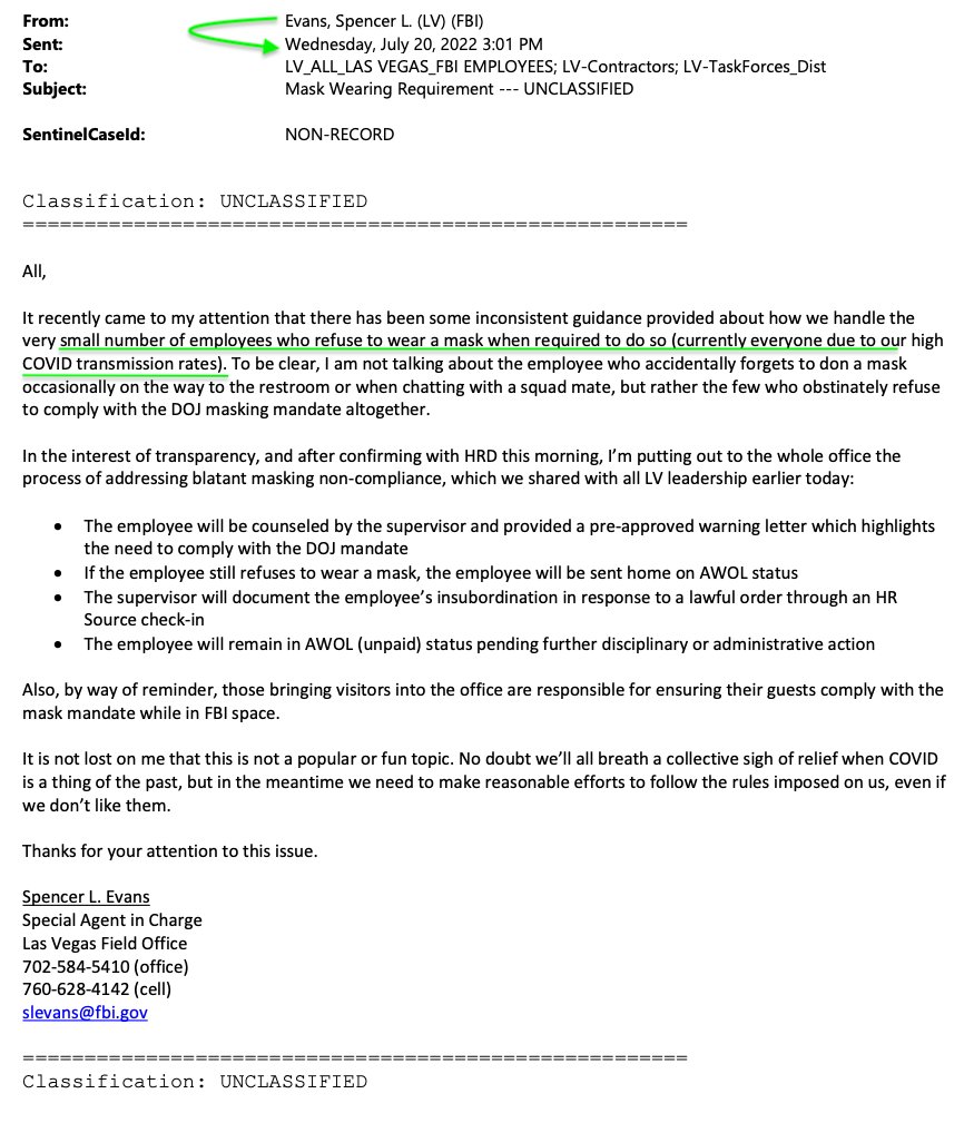 This week I testified in our ongoing litigation against the FBI for their treatment under COVID.

I was reminded that then-DAD of Human Resources Spencer Evans ran it all.

Same guy who had a mask-free "Luau" on a Monday, and published a newsletter saying masking is required  for