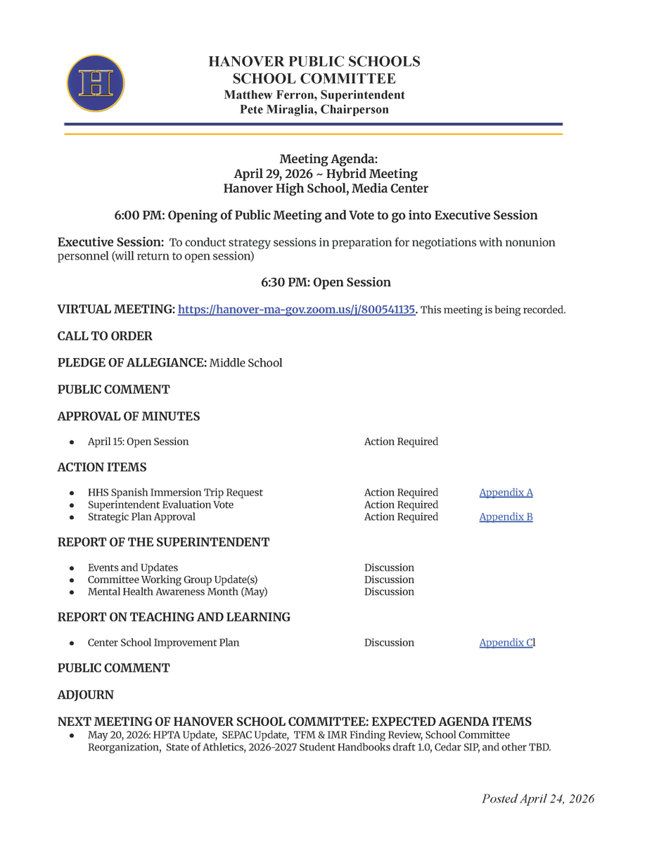 hpsma's tweet photo. The School Committee agenda for the April 29, 2026, hybrid meeting at 6:30 pm is now available. Go to https://t.co/RCu5d4lAyr to view all public meeting documents and participation instructions. https://t.co/6eXGp4ZO3E