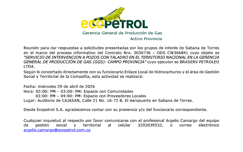 SabanaDeTorres1's tweet image. #Repost 
Reunión para dar respuestas a solicitudes presentadas por los grupos de interés de Sabana de Torres en el marco del proceso informativo del Contrato Nro. 3030736 – ODS CW366841 cuyo ejecutor es BRASERV PETROLEO LTDA.