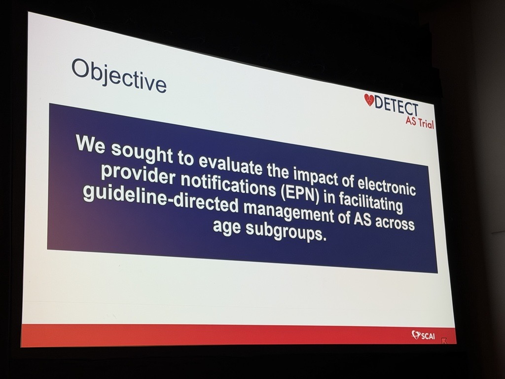 SCAI's tweet photo. Closing out the session, Sammy Elmariah, MD, FSCAI shares insights from the DETECT AS trial: electronic provider notifications increased AVR rates in severe AS, greatest in >80 yrs (40.7% vs 26%; OR 1.89, p=0.01). No significant difference <65 yrs. Signals improved recognition and treatment in older patients. 

Automated alerts can help close treatment gaps in severe AS. Electronic notifications improved AVR rates and recognition of disease in older patients, highlighting a scalable approach to address underdiagnosis. 

Learn more ➡️ https://t.co/gt42XxiFuQ 

#SCAI2026 #LateBreaking #CardioX #InterventionalCardiology @MyJSCAI @djkereiakes @SuzanneJBaron @Agoldsweig @SandeepNathanMD @HenrytTimothy @kalazizimd @dehghani_payam @SammyElmariahMD