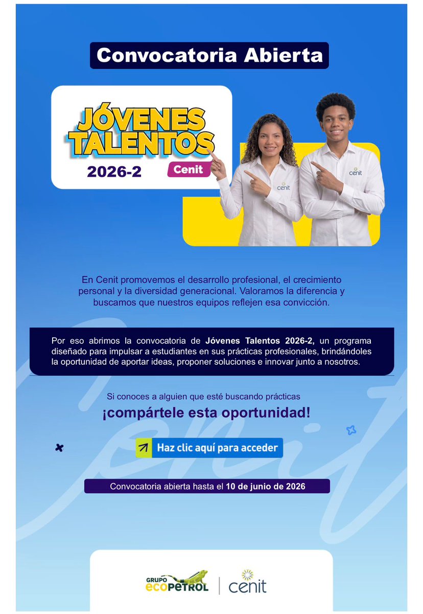 SabanaDeTorres1's tweet image. #Repost 
Prácticas Universitarias / Jóvenes Talentos 2026.2
Acompañar la gestión del área en la que desarrolle su práctica universitaria, proponer mejoras de los procesos en los que participe.

📎 login.airavirtual.com/offer_info/BX3…