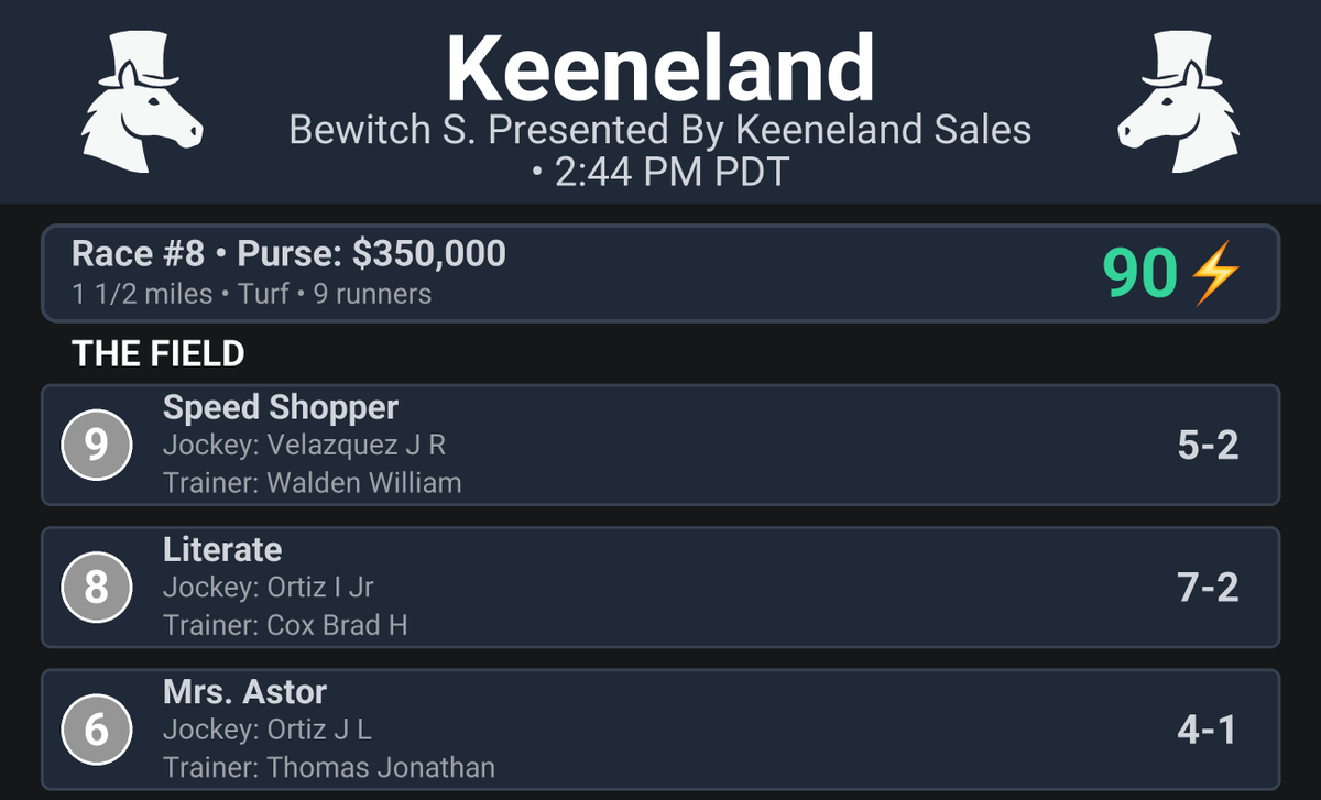 CapperRacing's tweet photo. 🏇 Race Alert!

Keeneland Race #8
Bewitch S. Presented By Keeneland Sales

📍 Post Time: 2:44 PM MST
⚡️ Thrill Score: 90⚡️

#HorseRacing #Keeneland #Racing https://t.co/XJP5GK65T8