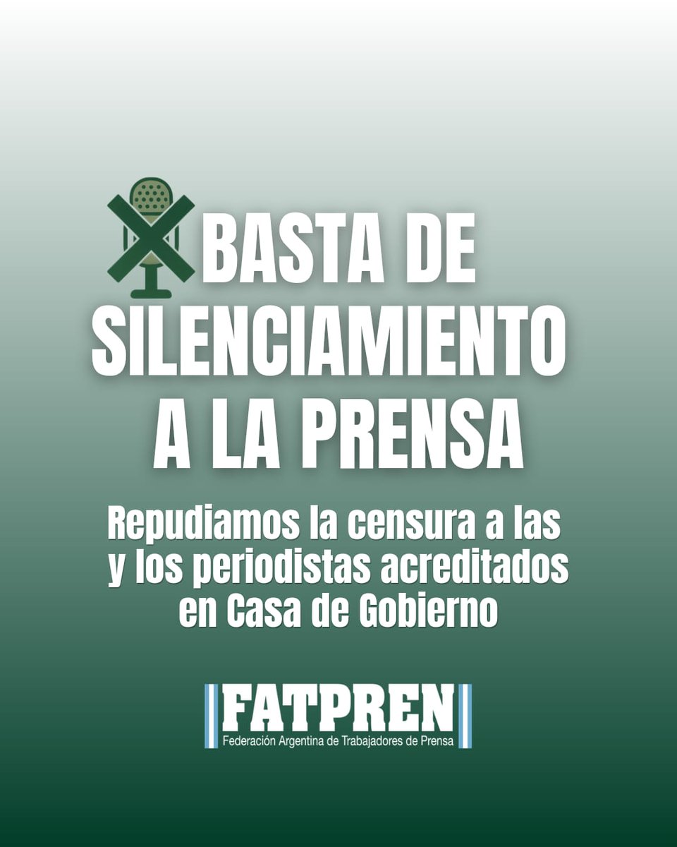 ⚠️ Desde FATPREN y los sindicatos de prensa de todo el país, como expresó <a href="/sipreba/">SiPreBA - Sindicato de Prensa de Buenos Aires</a>, respaldamos a las y los periodistas acreditados en Casa de Gobierno. 

Este hecho se inscribe en un ataque constante del Gobierno nacional contra la prensa.

¡Basta de censura y silenciamiento!