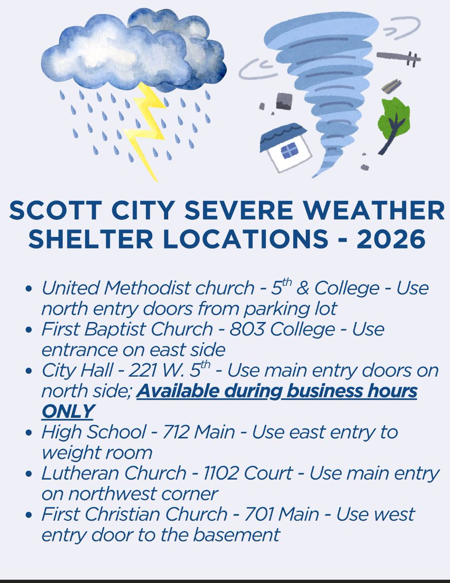 With the possibility of severe weather this weekend, here is a list of public storm shelter locations in Scott City. Take time this evening to review your severe weather plan in case it's needed.