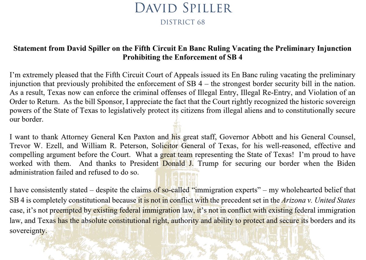 bwaltens's tweet image. NEW: “The strongest border security bill in the nation.”

SB 4 sponsor @DavidSpillerTX says today's Fifth Circuit ruling means Texas can enforce illegal entry, illegal reentry, and return order violations #txlege