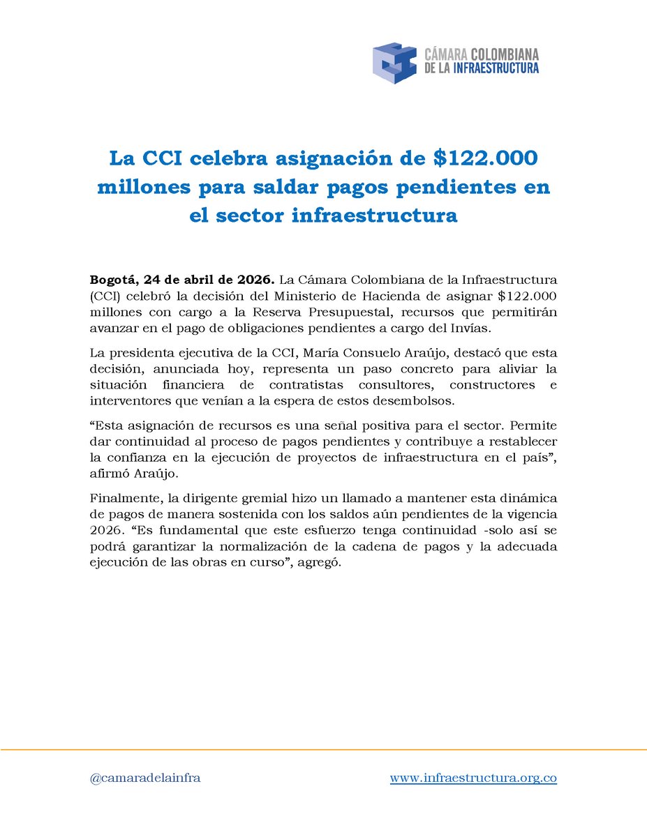 🚨Comunicado de Prensa: 
La CCI celebra asignación de $122.000 millones para saldar pagos pendientes en el sector infraestructura