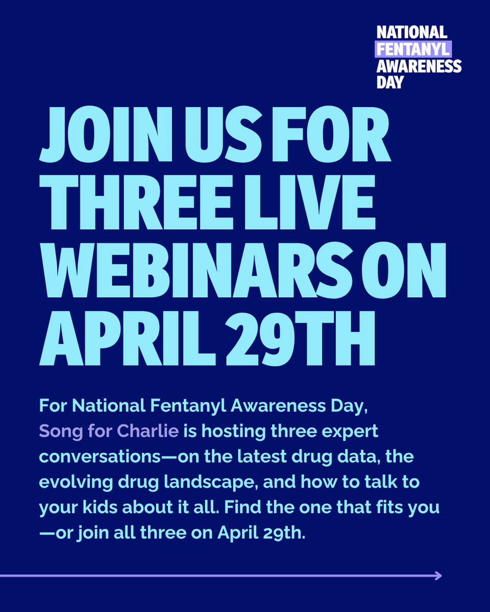 FentAwareDay's tweet photo. JOIN US FOR A LIFESAVING EVENT
For NFAD, Song for Charlie is hosting 3 expert conversations—on the latest drug data, the evolving drug landscape, and how to talk to your kids about it all. Find the one that fits you—or join all 3 on April 29.

RSVP TODAY - https://t.co/iEUTxK6xHq https://t.co/oIY5HG4war