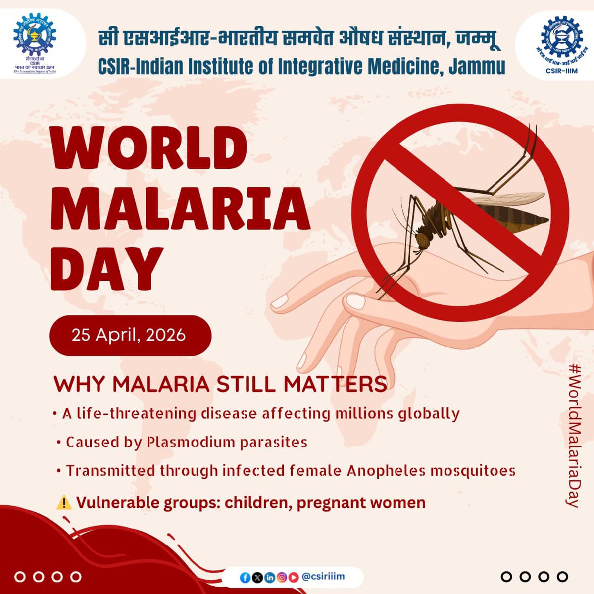 csiriiim's tweet photo. Driven to End Malaria:
Now we Can. Now we Must

Every action counts—early diagnosis, prevention, and research-driven innovation can save lives.

On this World Malaria Day, CSIR–IIIM Jammu stands committed to developing sustainable, science-based solutions for a healthier tomorrow.

#EndMalaria #WorldMalariaDay #HealthForAll #CSIRIIIM