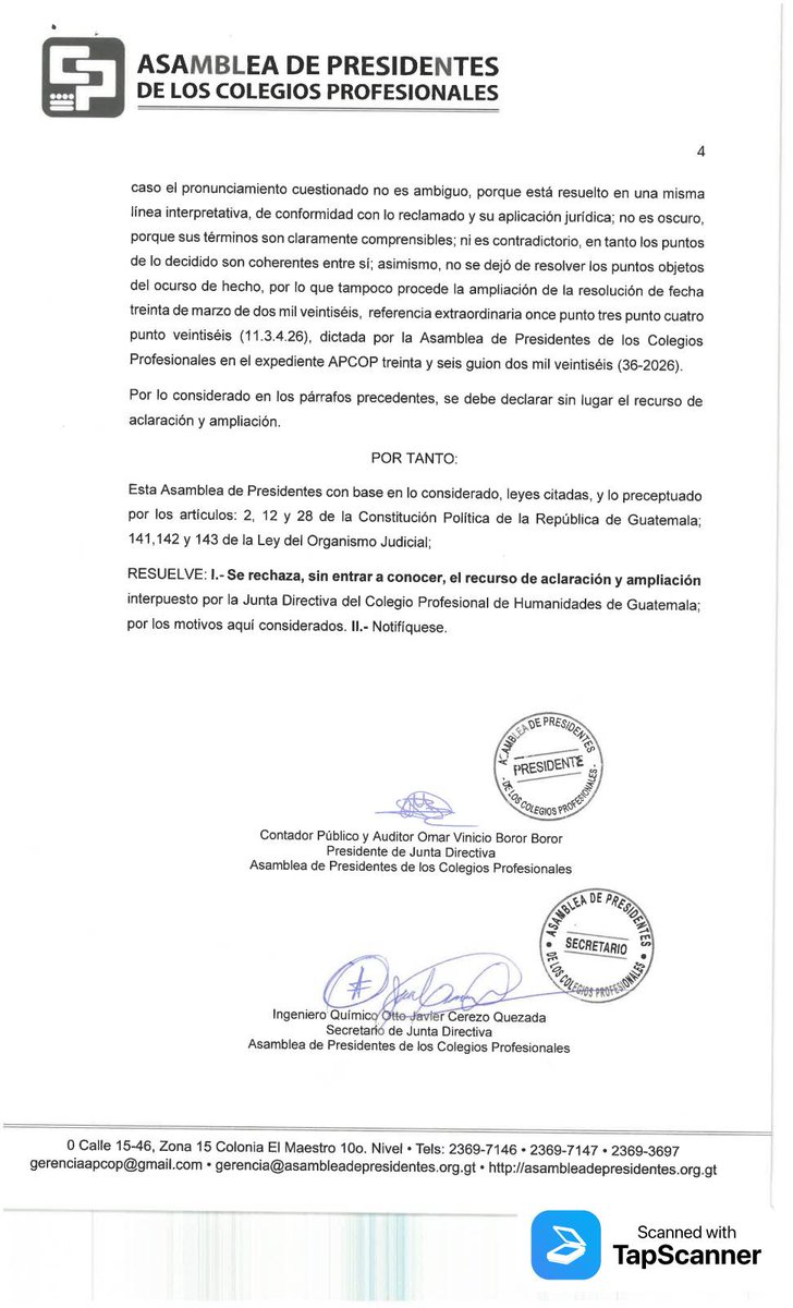 La participación de cuerpo electoral del Colegio de Humanidades en la elección a rector #USAC carece de validez, según Asamblea de Presidentes de Colegios Profesionales.

La Asamblea de Presidentes de Colegios Profesionales ratificó la suspensión de la elección del cuerpo