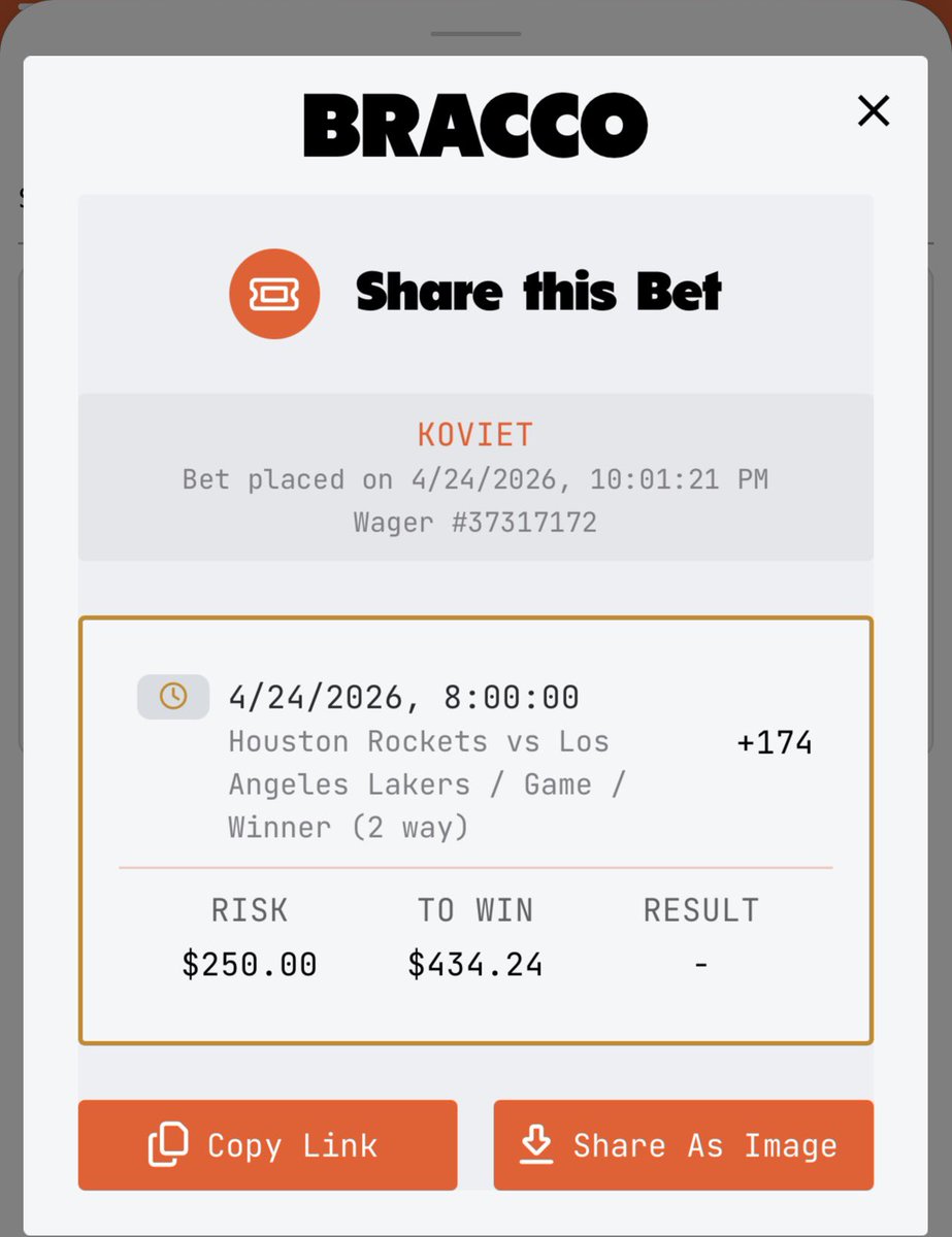 Koviett's tweet photo. Rockets ML +174 on @PlayBracco https://t.co/gKvwkkibVN