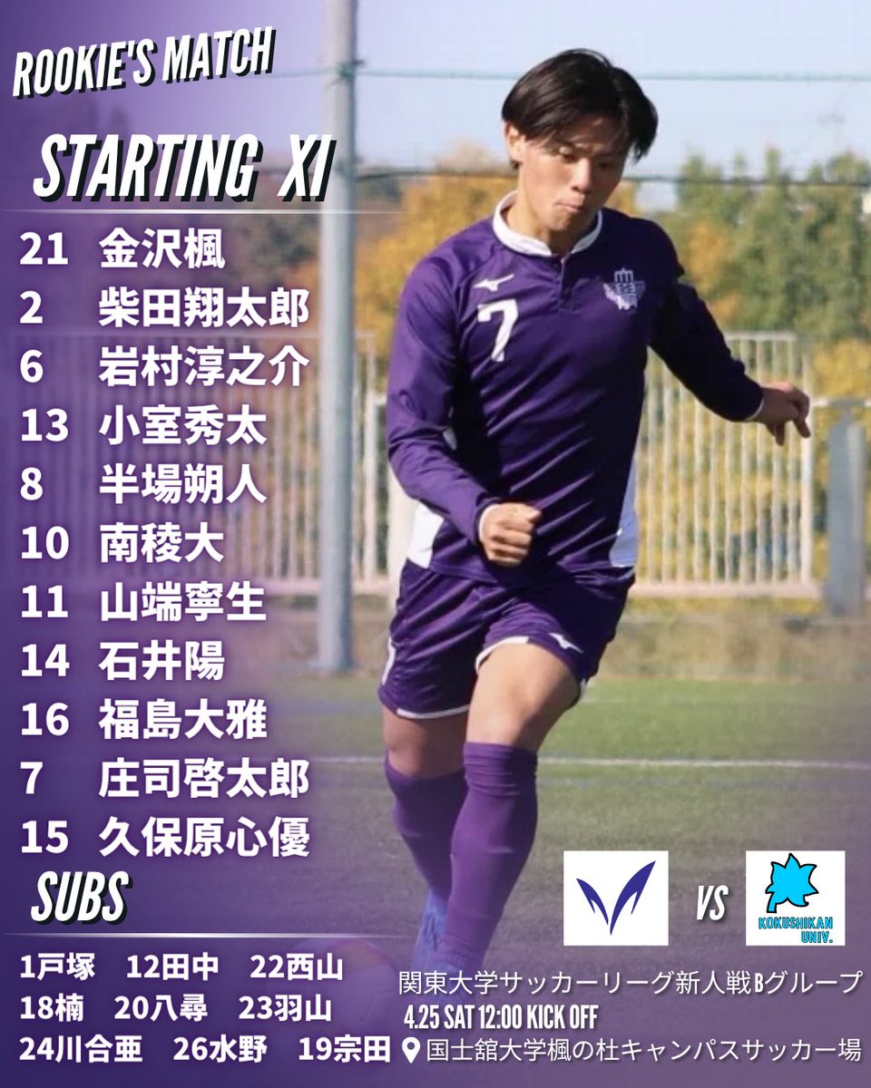 🏆関東大学サッカーリーグ新人戦 Bグループ
🆚国士舘大学
🕒12:00 kick off
🏟国士舘大学楓の杜キャンパス

《スタート》
21金沢、2柴田、6岩村、13小室、8半場、10南、11山端、14石井、16福島、7庄司、15久保原

《サブ》
1戸塚、12田中、22西山、18楠、20八尋、23羽山、24川合亜、26水野、19宗田