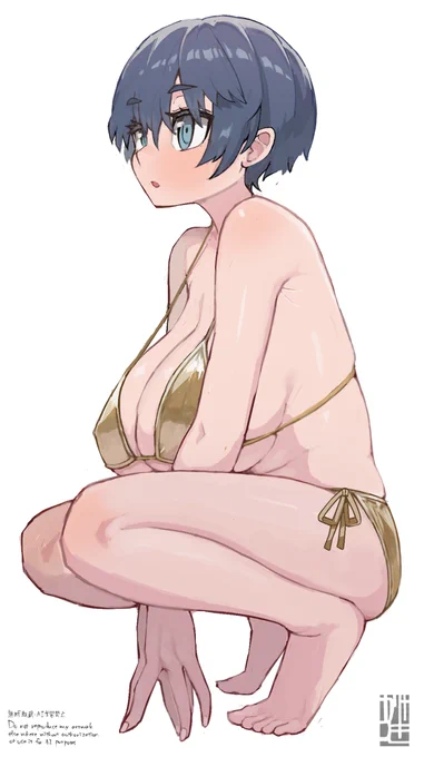 加賀カサマ先生( )のアイコンの子の金ビキニ。以前うちのこのビキニ描いて頂いて大変眼福だったので御礼に描かせて頂きました