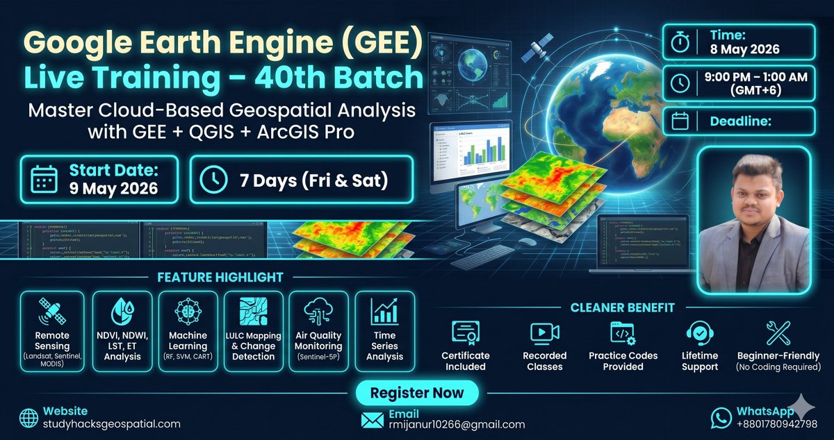GISRSStudyHacks's tweet image. 🔥 Learn. Practice. Apply. Elevate your geospatial skills to the next level. Join our live online training program starting 9th May 2026
Reg Link:studyhacksgeospatial.com/product/google…
#GoogleEarthEngine #GIS #RemoteSensing #DataScience #StudyHacksGeospatial #GeospatialAnalysis #QGIS #ArcGISPro