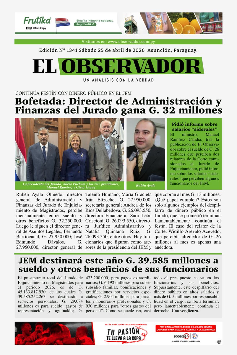 ¡Buenos días!

✅Compartimos con ustedes nuestra tapa🗞️

🌦️Cálido, cielo mayormente nublado, vientos variables. Lluvias dispersas.

🌡️Max: 25°

📌Podes leernos en: observador.com.py