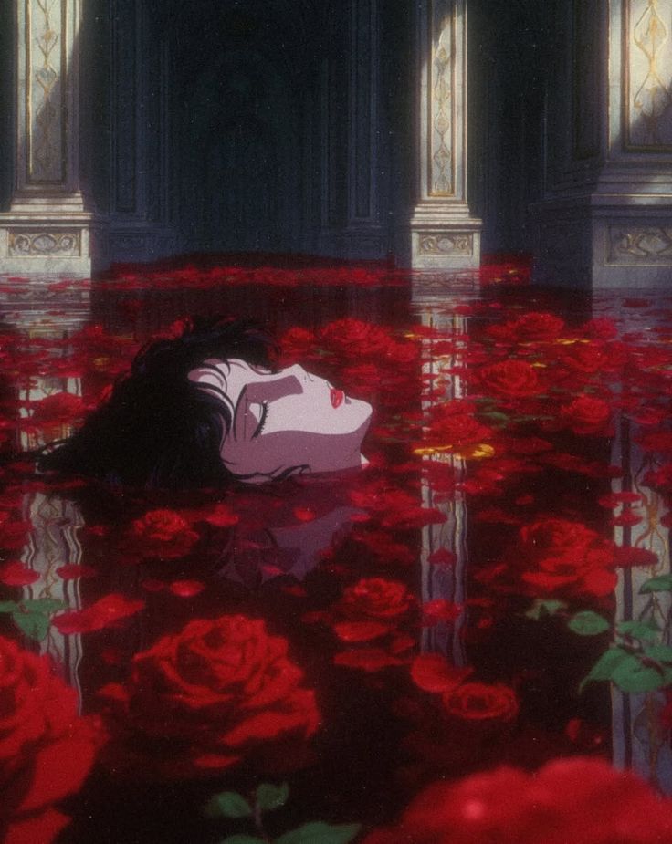 "Pale beauty in a pool of red roses."