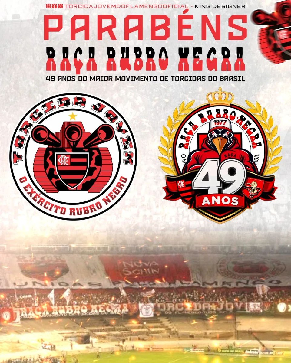 [Informativo - Parabéns Raça Rubro Negra]

O G.R.C. Torcida Jovem do Flamengo vem, por meio desta, parabenizar nossos co-irmãos da Raça Rubro-Negra por seus 49 anos de história e apoio em prol do Clube de Regatas do Flamengo. Vida longa ao maior movimento de torcidas do Brasil.
