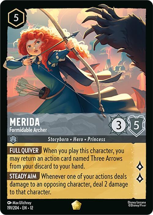 DHeim27's tweet photo. @GooglyGlimmers How does Merida (steel 5 drop) work with the three arrows action? is her ability once per action card? or is it once per sentence on action card? just curious!! https://t.co/Y8GdB8qIwK
