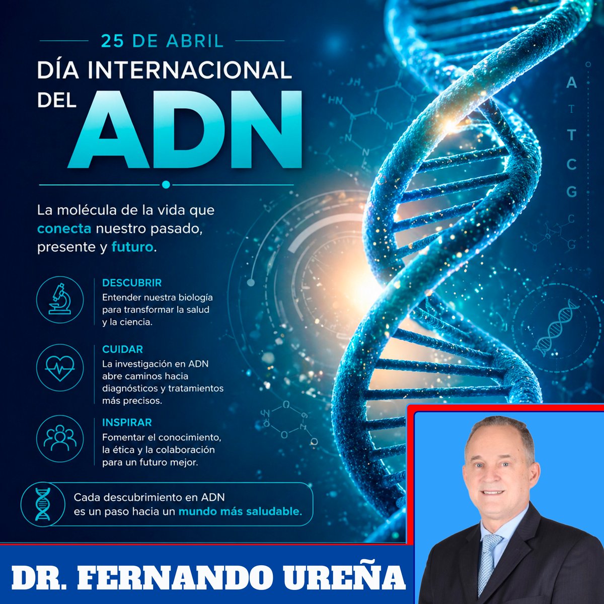 Hoy celebramos el Día Internacional del ADN, símbolo del conocimiento, la vida y el avance científico. Honramos el descubrimiento que transformó la medicina y la comprensión de nuestra esencia biológica, impulsando un futuro de innovación, prevención y esperanza.