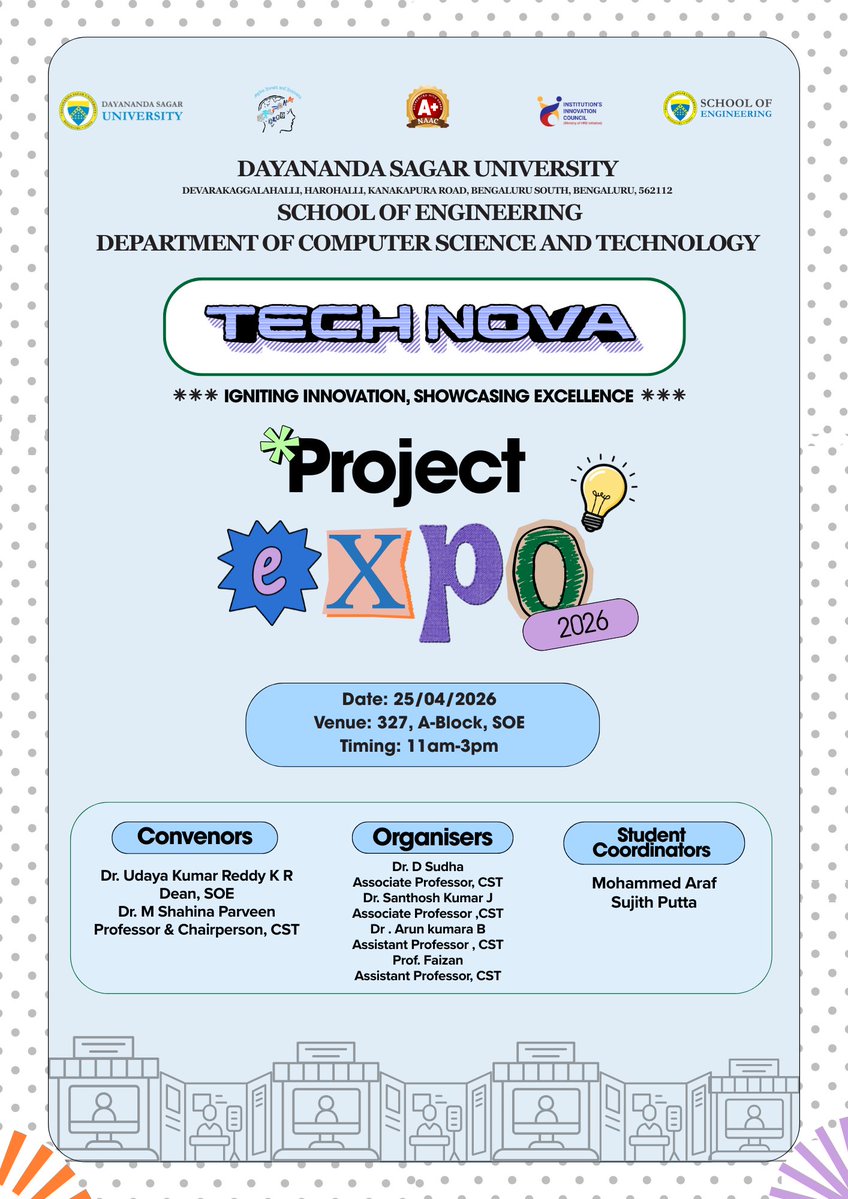 DSUBangalore's tweet image. DSU CST Project Expo 2026 💻
Join us on April 25 to witness student innovation, technical expertise, and real-world solutions in action!

Supercharging India’s AI future. 
#ProjectExpo #DSU #Tech