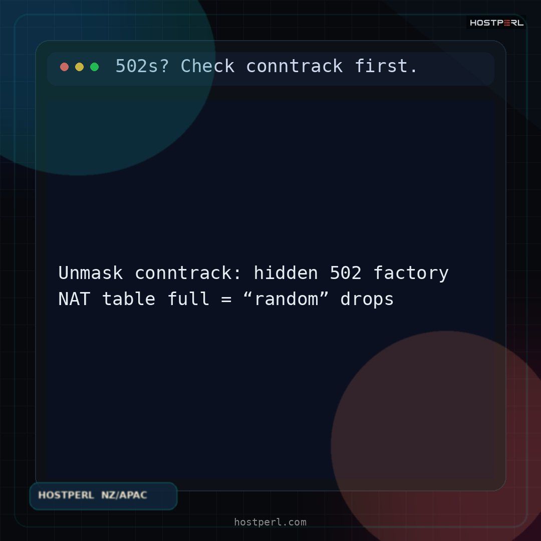 hostperlweb's tweet image. Seeing bursty 502s behind NAT/LB? Graph conntrack usage and watch for saturation during traffic spikes. Scale limits safely and plan headroom before the next incident. #SRE #Linux