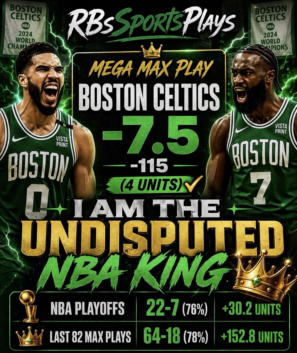 RBsSportsPlays's tweet photo. Like/Retweet/Comment Giving 5 People a FREE Week of ALL Access VIP 🔔 

BOOOOOOMMMMMMMMM

CASH the NBA Play of the Month!!!!

Boston Celtics -7.5 -115 MEGA MAX (4 Units)✅

NO ONE DOES IT BETTER THAN RB 👑 https://t.co/cypNccg1Ta