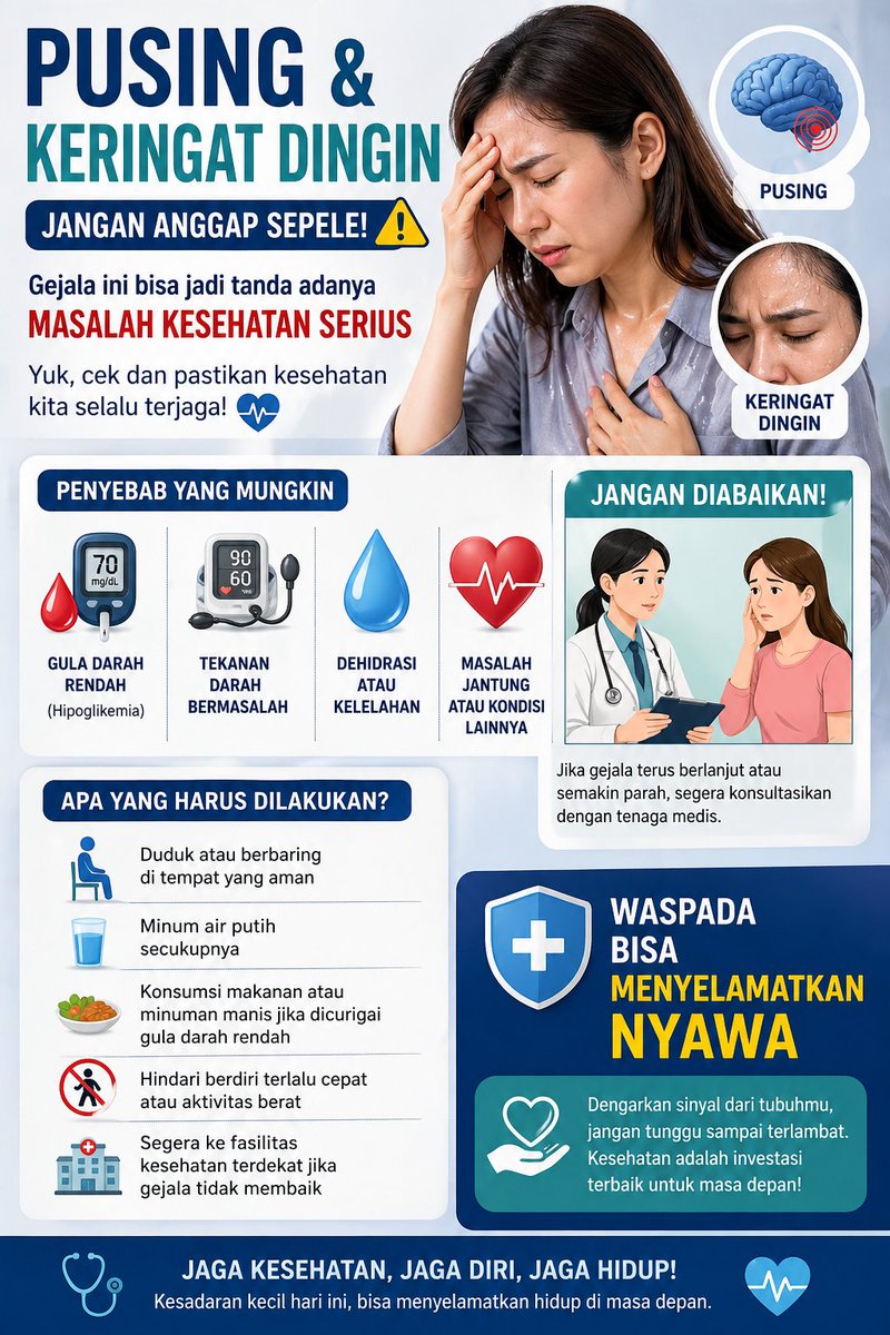 Dianharyani03's tweet image. Pusing + keringat dingin tiba-tiba? 🤔
Jangan dianggap sepele! Bisa jadi tanda:
✔ Gula darah rendah
✔ Tekanan darah bermasalah
✔ Dehidrasi
🩺 Jika berlanjut, segera cek ke tenaga medis
Waspada hari ini = selamatkan nyawa 💙
#Kesehatan #Waspada #CekKesehatan